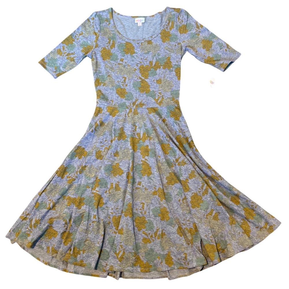 NWT LuLaRoe Nicole Dress Gray with Floral Print Women's Size Small Fit & Flare